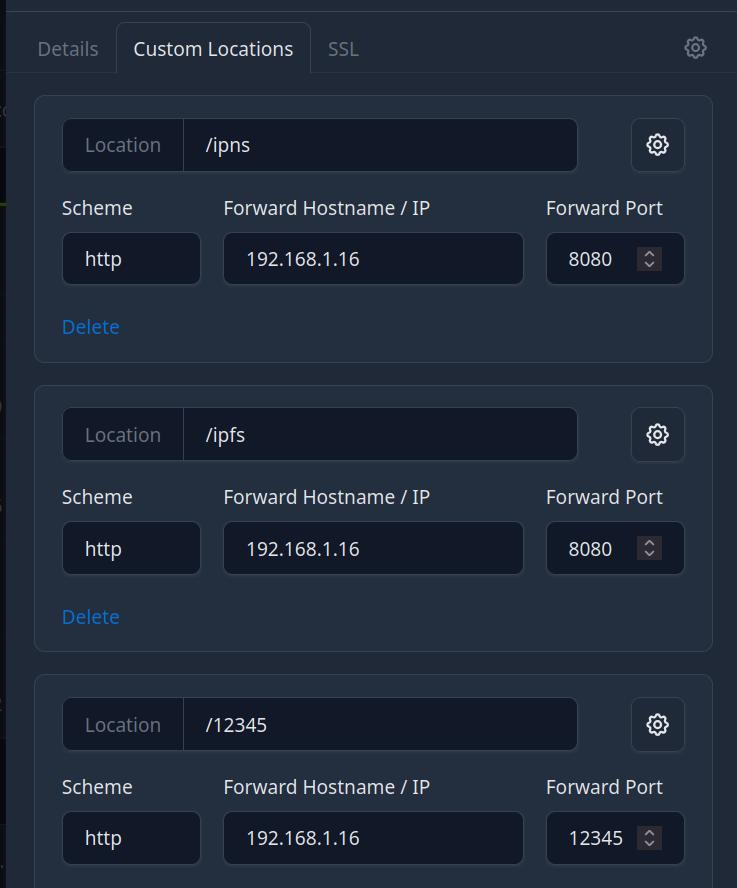 Onglet Custom Locations de l'hôte u. (uSPOT API) dans NPM : /ipns et /ipfs vers le port 8080, /12345 vers le port 12345
