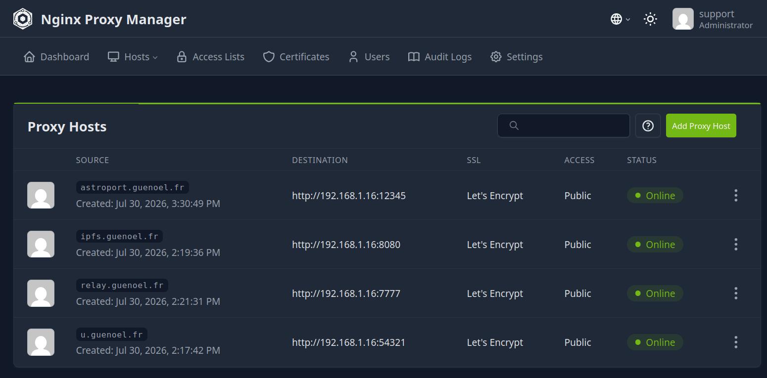 Liste des Proxy Hosts de NPM : astroport, ipfs, relay et u, vers les ports 12345, 8080, 7777 et 54321, tous en Let's Encrypt et en ligne